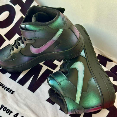 [Custom Chameleon blue Green Purple]  Air Force 1 Skateboard Shoes Unisex Mid-Top Black