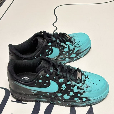 [Custom Crazy doodle Green ]  Air Force 1 Skateboarding Shoes Unisex Low-top Cyan/black