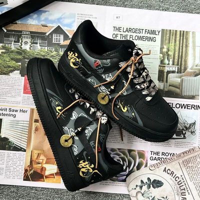 [Custom Golden Snake Auspicious]  Air Force 1 Skateboard Shoes Unisex Low-Top Black Gold