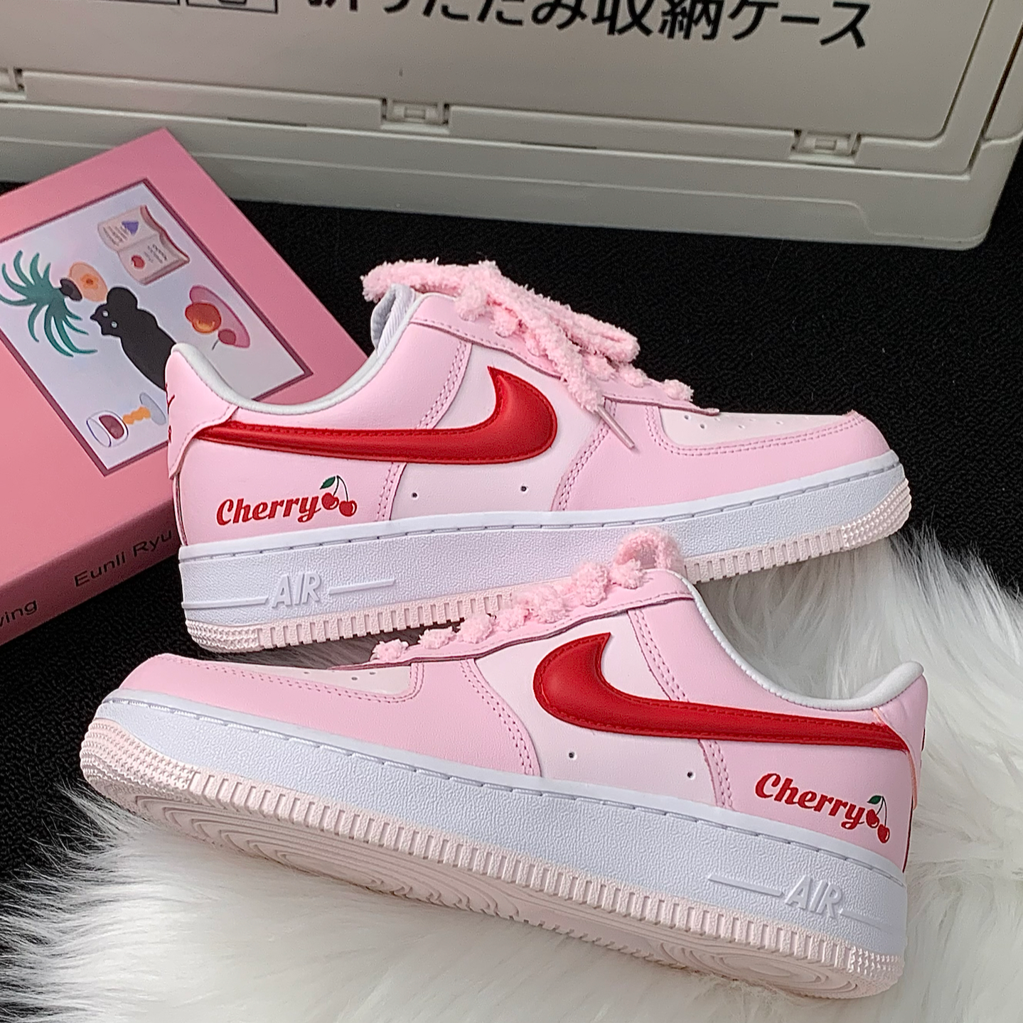 [Custom Cherry Cream]  Air Force 1 Skateboard Shoes Women's Low-Top White/Pink/Red