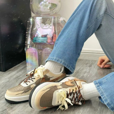 [Custom Auspicious bamboo]  Air Force 1 Skateboarding Shoes Men Low-top White/brown/beige