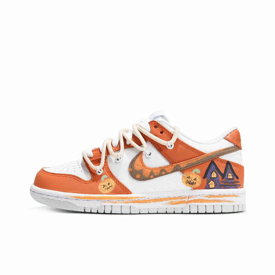 [Custom Witchy Pumpkin's Spooky Night] Dunk Skateboarding Shoes Unisex Low-top Orange/White