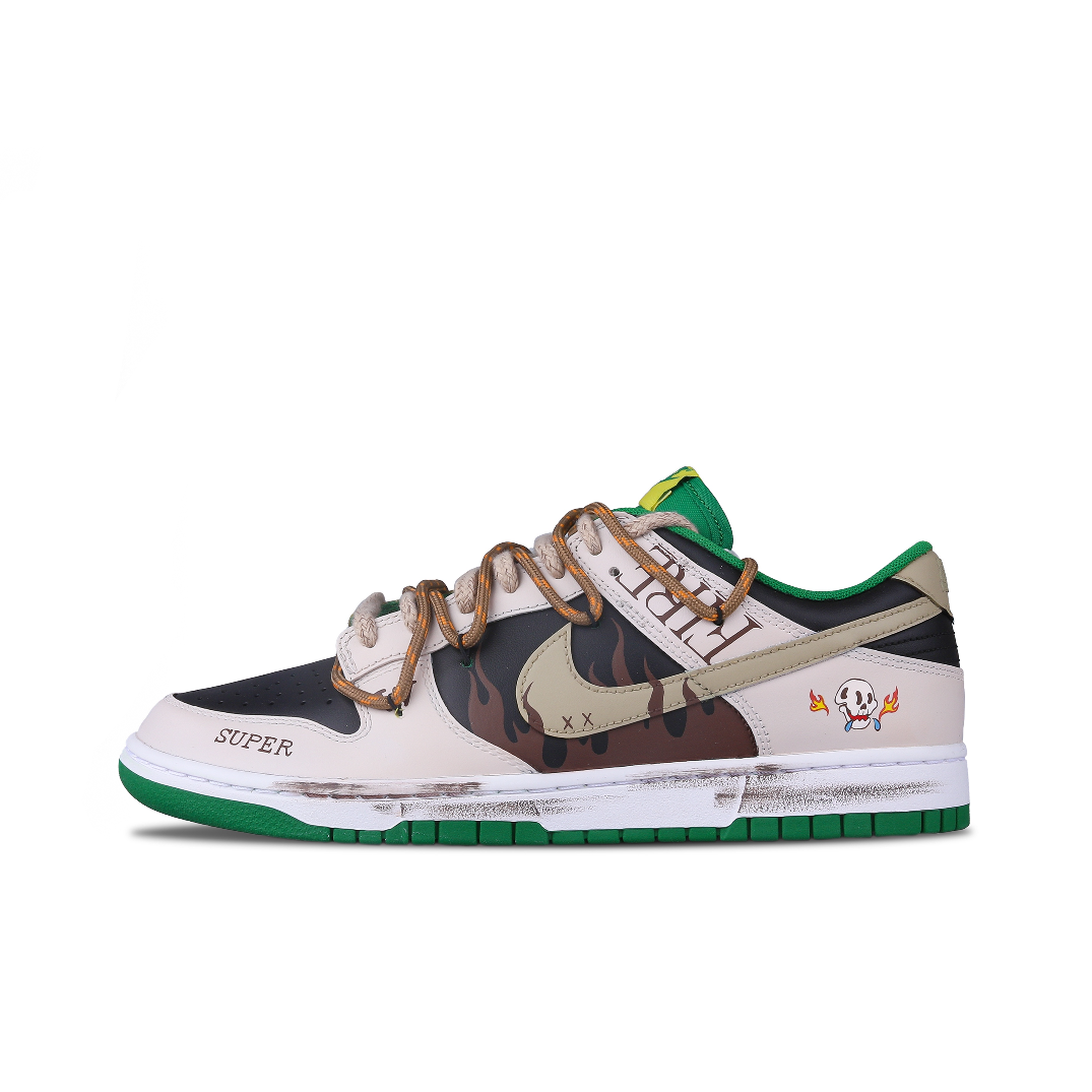 [Custom Flame Skeleton] Dunk Skateboarding Shoes Unisex Low-top Beige/Brown/Green