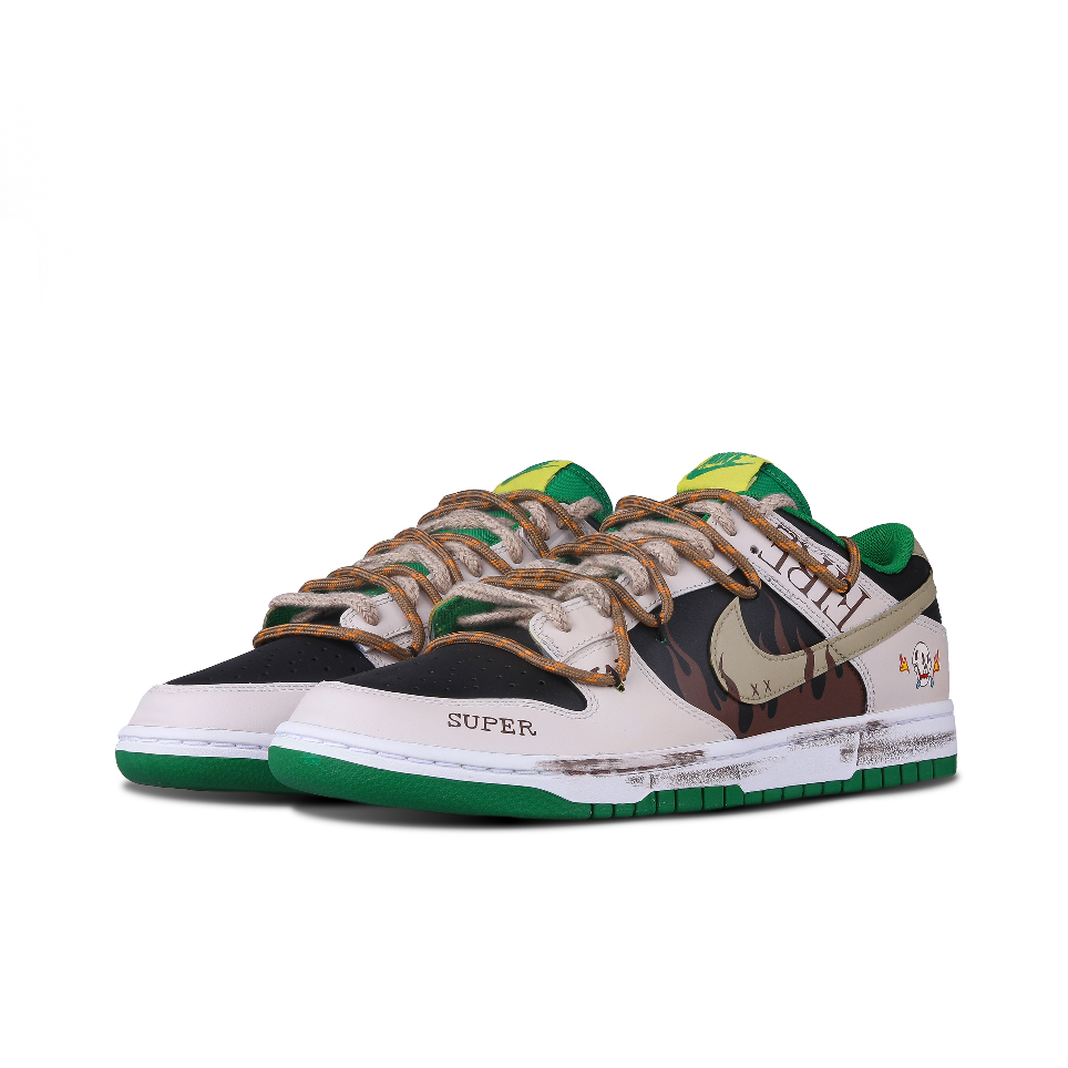 [Custom Flame Skeleton] Dunk Skateboarding Shoes Unisex Low-top Beige/Brown/Green