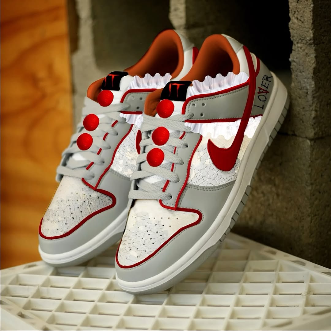 [Custom Pennywise] Dunk Skateboarding Shoes Unisex Low-top Gray/White/Red