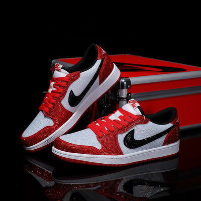 [Custom Red and White Full Diamond] Air Jordan 1 chicago Low - Top Skateboarding Shoes Unisex