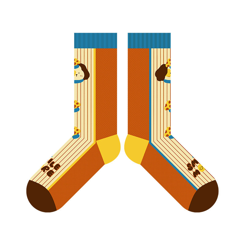 Puppy Diary - Spring & Summer New Cartoon Illustration Vintage Checkered Star Mid-Calf Socks (Cotton, Women's, 5 Pairs, Size 35-42)