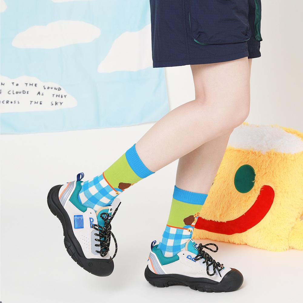 Puppy Diary - Spring & Summer New Cartoon Illustration Vintage Checkered Star Mid-Calf Socks (Cotton, Women's, 5 Pairs, Size 35-42)