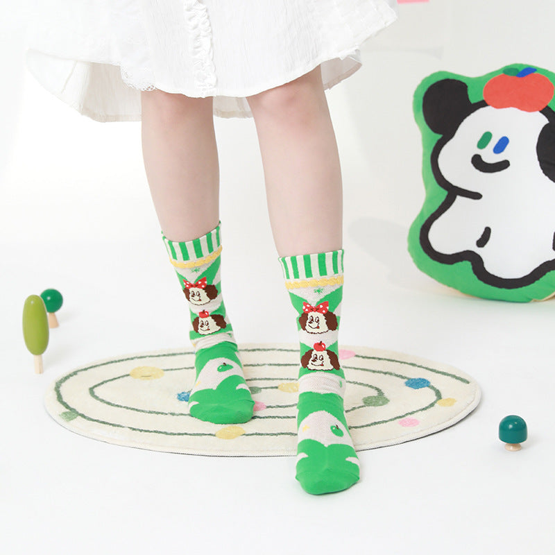 Greedy Dog - Cute Cartoon Women's Socks - Thin Glass Silk Stockings, Fashionable Breathable Mesh Mid-Crew Socks - Kawaii Illustration Design