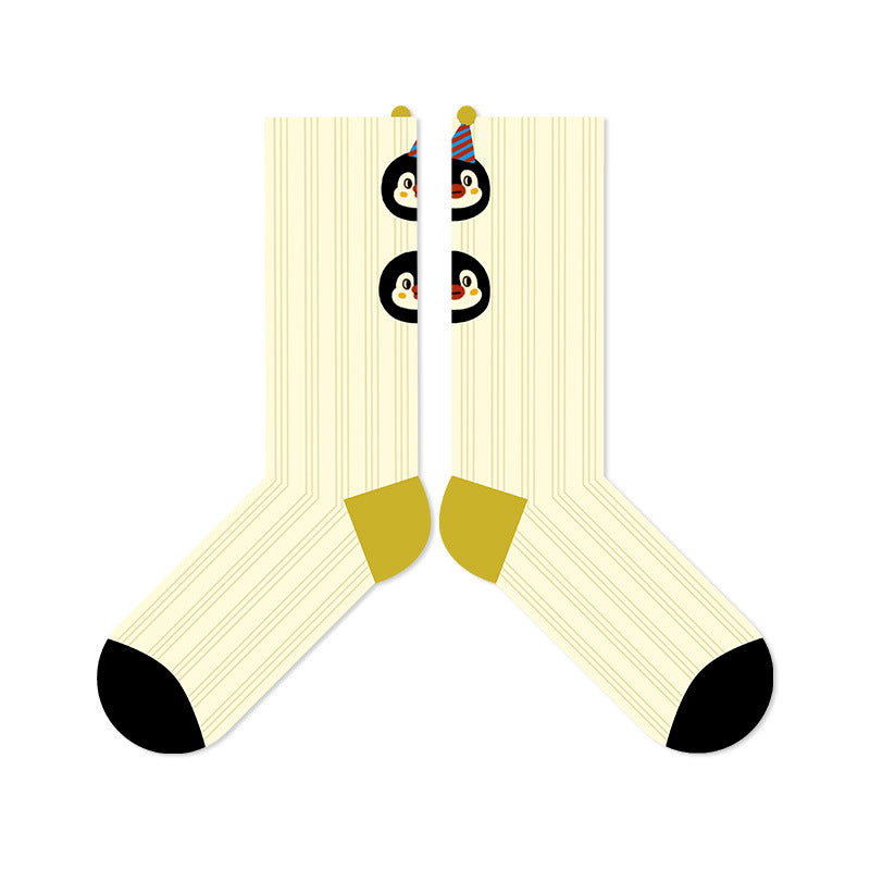 Penguin Kingdom – Spring & Fall New Striped Home Cute Cartoon Cotton Mid-Calf Socks (Unisex,4 Pairs, Size 35-42)