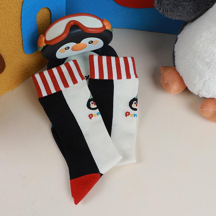 Penguin Kingdom – Spring & Fall New Striped Home Cute Cartoon Cotton Mid-Calf Socks (Unisex,4 Pairs, Size 35-42)