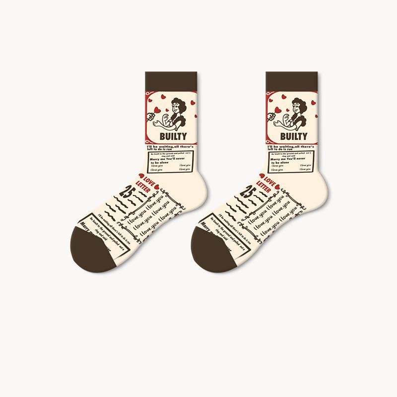 Vintage Pictorial - Mid Cotton Socks Women Non-Slip Sports Fashion 5 Pairs