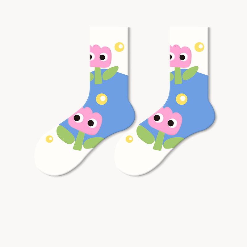 Cotton Socks Women Spring Middle Tube Socks Cute Cartoon Spring And Autumn Ladies Long Socks 5 Pairs( Size 35-42)
