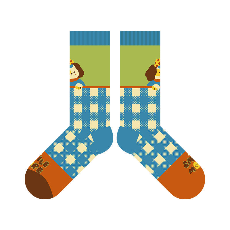 Puppy Diary - Spring & Summer New Cartoon Illustration Vintage Checkered Star Mid-Calf Socks (Cotton, Women's, 5 Pairs, Size 35-42)