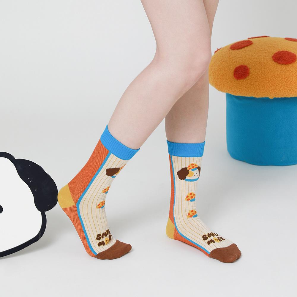 Puppy Diary - Spring & Summer New Cartoon Illustration Vintage Checkered Star Mid-Calf Socks (Cotton, Women's, 5 Pairs, Size 35-42)