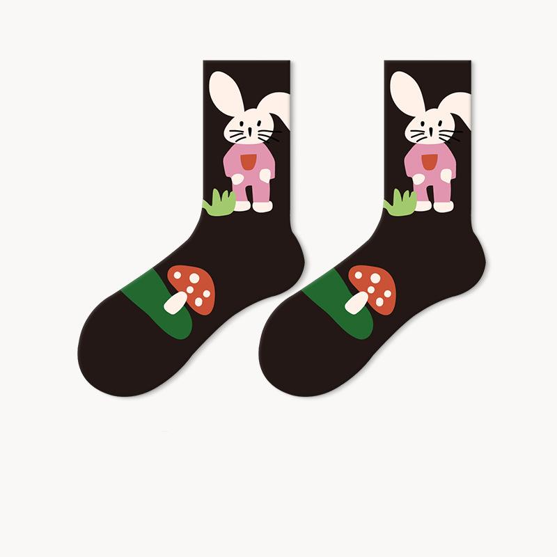 Cotton Socks Women Spring Middle Tube Socks Cute Cartoon Spring And Autumn Ladies Long Socks 5 Pairs( Size 35-42)