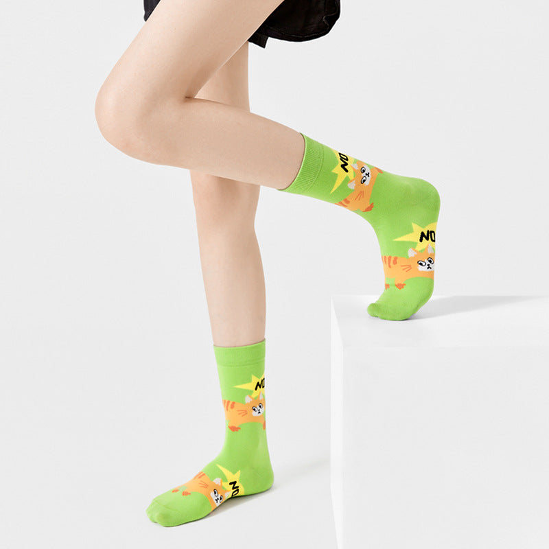 Cotton Socks Women Spring Middle Tube Socks Cute Cartoon Spring And Autumn Ladies Long Socks 5 Pairs( Size 35-42)