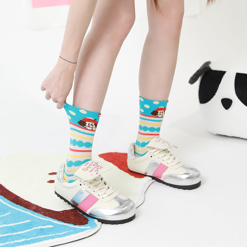Greedy Dog - Cute Cartoon Women's Socks - Thin Glass Silk Stockings, Fashionable Breathable Mesh Mid-Crew Socks - Kawaii Illustration Design