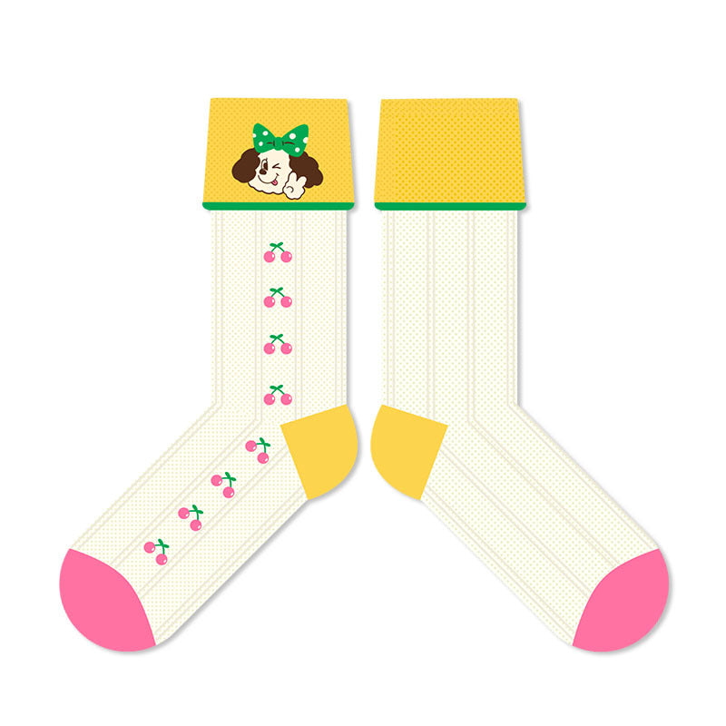 Greedy Dog - Cute Cartoon Women's Socks - Thin Glass Silk Stockings, Fashionable Breathable Mesh Mid-Crew Socks - Kawaii Illustration Design