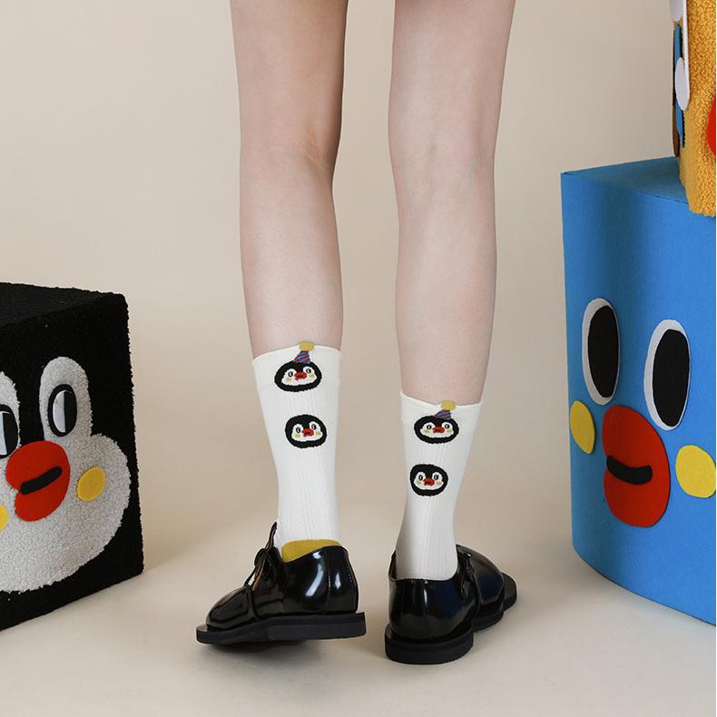 Penguin Kingdom – Spring & Fall New Striped Home Cute Cartoon Cotton Mid-Calf Socks (Unisex,4 Pairs, Size 35-42)