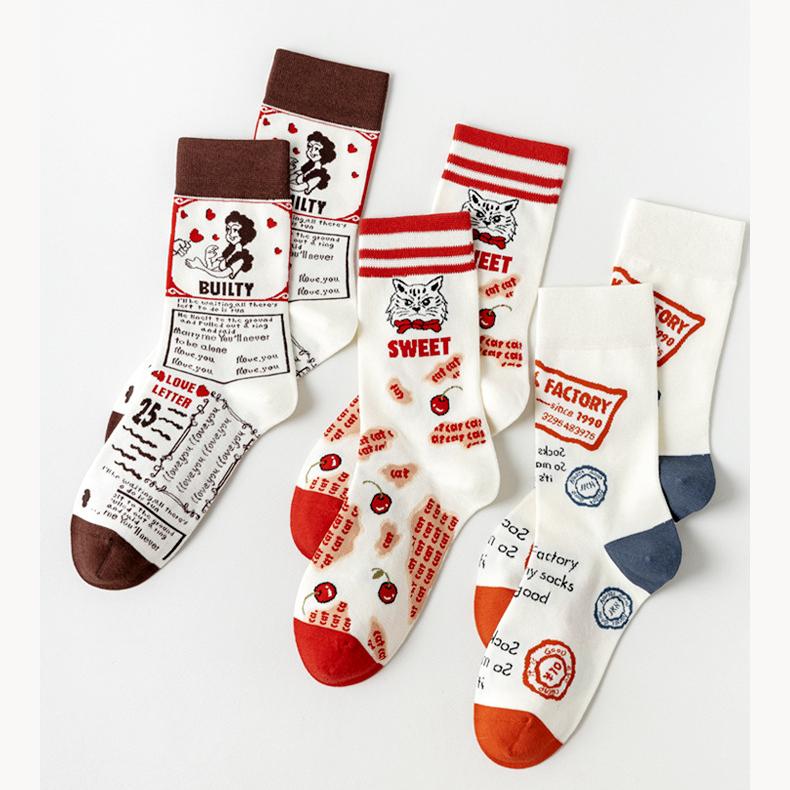 Vintage Pictorial - Mid Cotton Socks Women Non-Slip Sports Fashion 5 Pairs