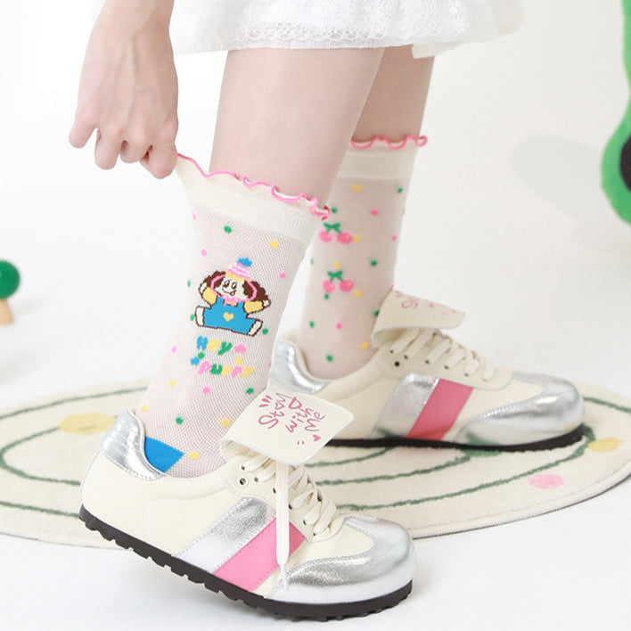 Greedy Dog - Cute Cartoon Women's Socks - Thin Glass Silk Stockings, Fashionable Breathable Mesh Mid-Crew Socks - Kawaii Illustration Design