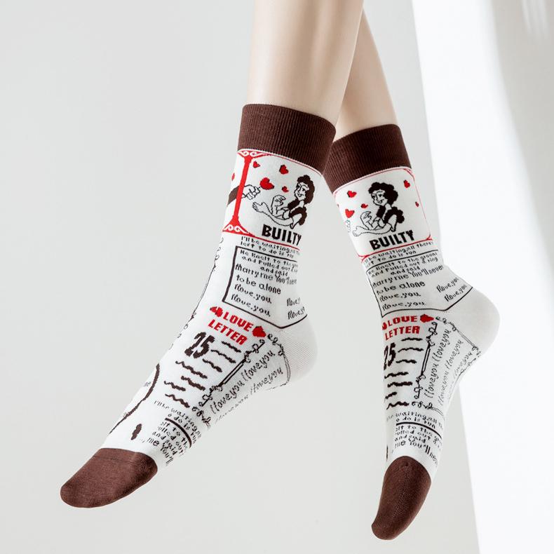 Vintage Pictorial - Mid Cotton Socks Women Non-Slip Sports Fashion 5 Pairs