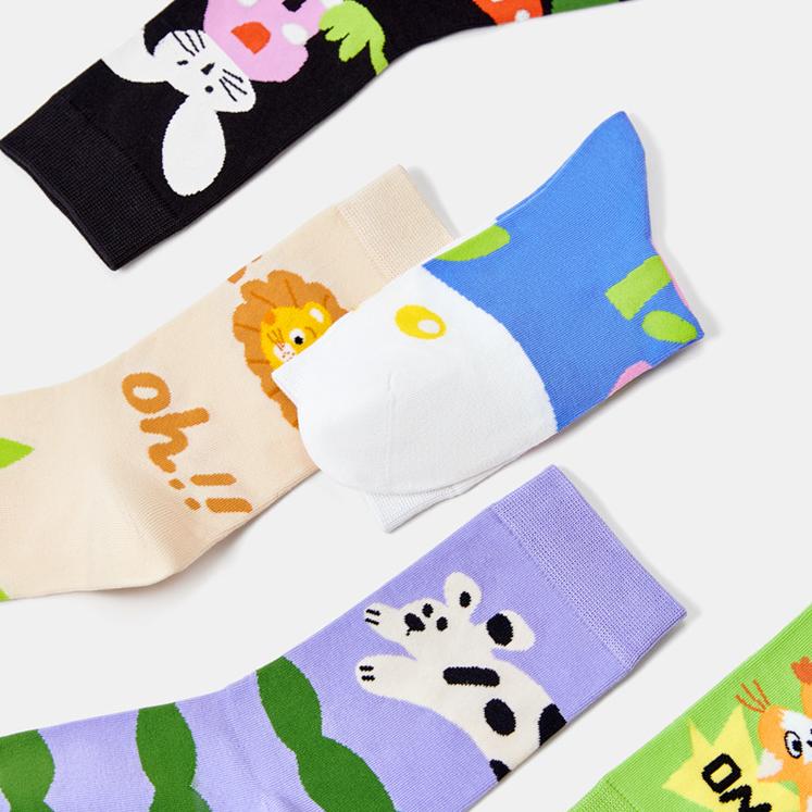 Cotton Socks Women Spring Middle Tube Socks Cute Cartoon Spring And Autumn Ladies Long Socks 5 Pairs( Size 35-42)