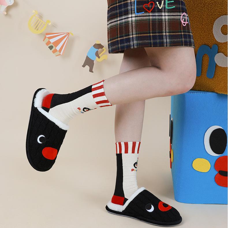 Penguin Kingdom – Spring & Fall New Striped Home Cute Cartoon Cotton Mid-Calf Socks (Unisex,4 Pairs, Size 35-42)