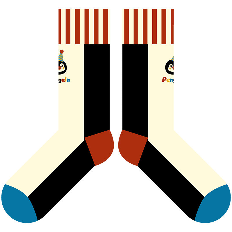 Penguin Kingdom – Spring & Fall New Striped Home Cute Cartoon Cotton Mid-Calf Socks (Unisex,4 Pairs, Size 35-42)