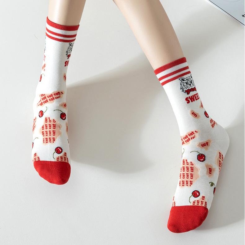 Vintage Pictorial - Mid Cotton Socks Women Non-Slip Sports Fashion 5 Pairs