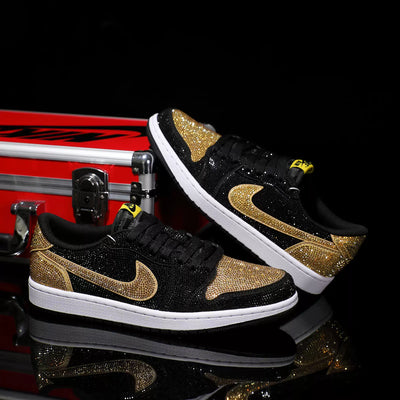 [Custom Black Gold Full Diamond] Air Jordan Low - Top Skateboarding Shoes Unisex