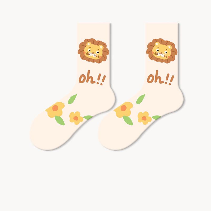 Cotton Socks Women Spring Middle Tube Socks Cute Cartoon Spring And Autumn Ladies Long Socks 5 Pairs( Size 35-42)
