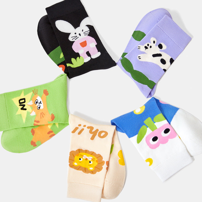 Cotton Socks Women Spring Middle Tube Socks Cute Cartoon Spring And Autumn Ladies Long Socks 5 Pairs( Size 35-42)