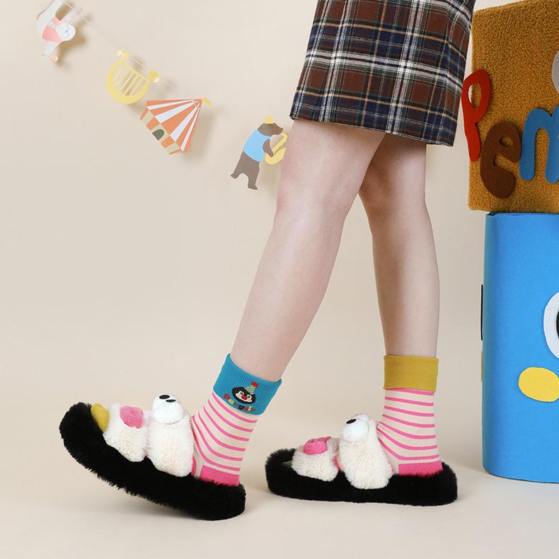 Penguin Kingdom – Spring & Fall New Striped Home Cute Cartoon Cotton Mid-Calf Socks (Unisex,4 Pairs, Size 35-42)