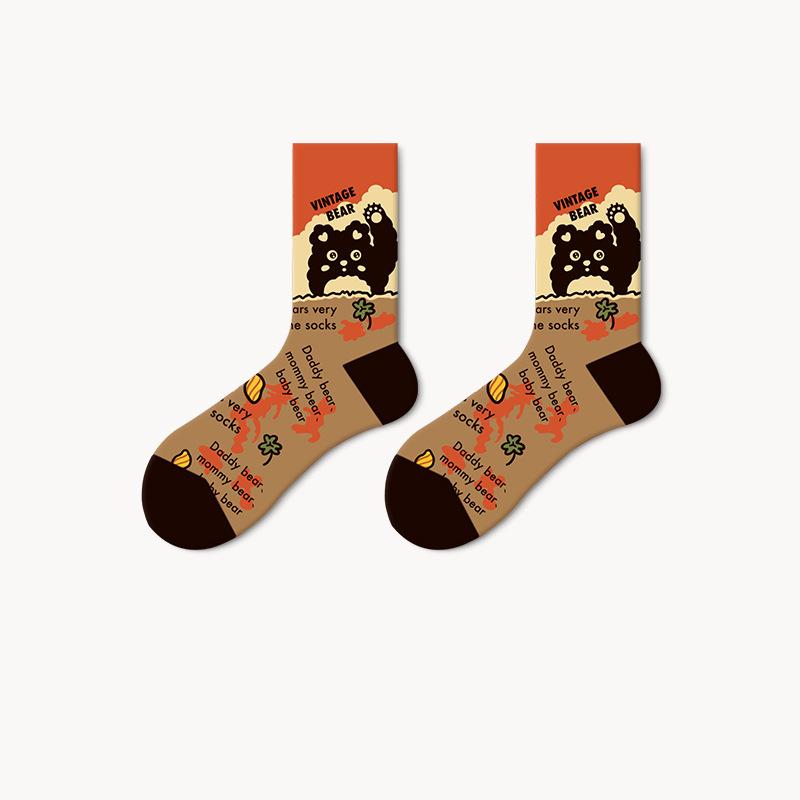 Vintage Pictorial - Mid Cotton Socks Women Non-Slip Sports Fashion 5 Pairs