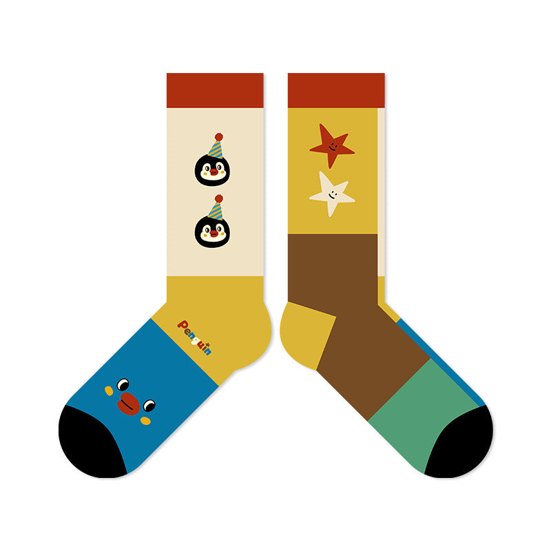 Penguin Kingdom – Spring & Fall New Striped Home Cute Cartoon Cotton Mid-Calf Socks (Unisex,4 Pairs, Size 35-42)