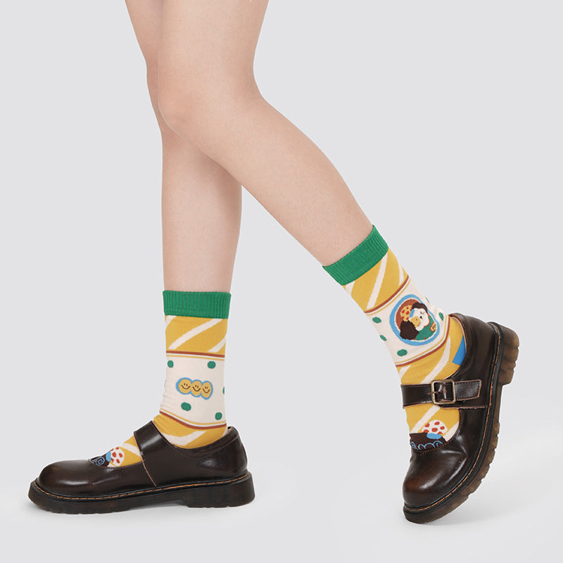 Puppy Diary - Spring & Summer New Cartoon Illustration Vintage Checkered Star Mid-Calf Socks (Cotton, Women's, 5 Pairs, Size 35-42)