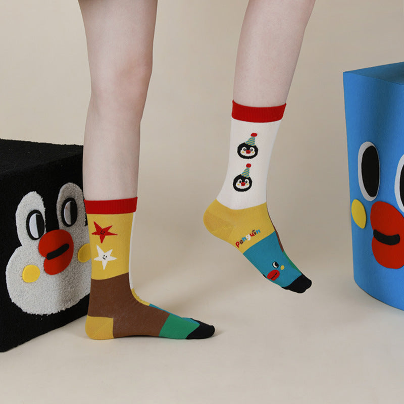 Penguin Kingdom – Spring & Fall New Striped Home Cute Cartoon Cotton Mid-Calf Socks (Unisex,4 Pairs, Size 35-42)