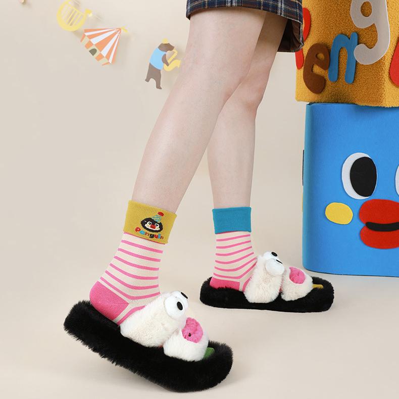 Penguin Kingdom – Spring & Fall New Striped Home Cute Cartoon Cotton Mid-Calf Socks (Unisex,4 Pairs, Size 35-42)