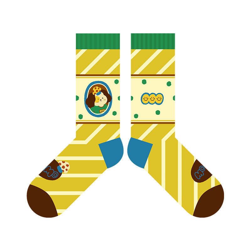 Puppy Diary - Spring & Summer New Cartoon Illustration Vintage Checkered Star Mid-Calf Socks (Cotton, Women's, 5 Pairs, Size 35-42)