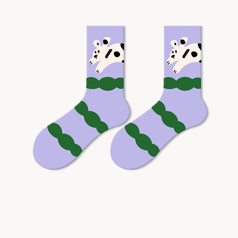 Cotton Socks Women Spring Middle Tube Socks Cute Cartoon Spring And Autumn Ladies Long Socks 5 Pairs( Size 35-42)