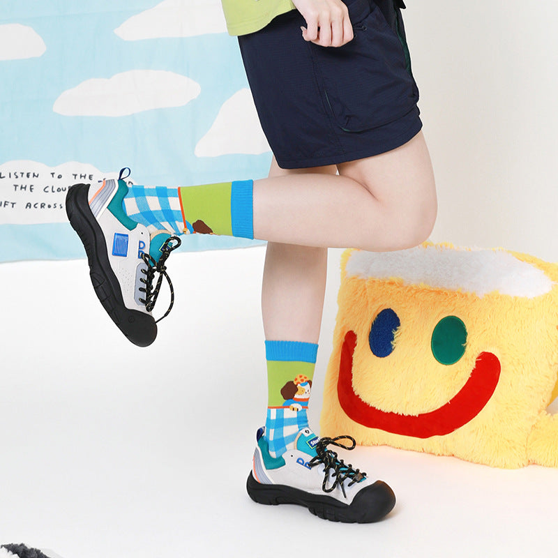 Puppy Diary - Spring & Summer New Cartoon Illustration Vintage Checkered Star Mid-Calf Socks (Cotton, Women's, 5 Pairs, Size 35-42)