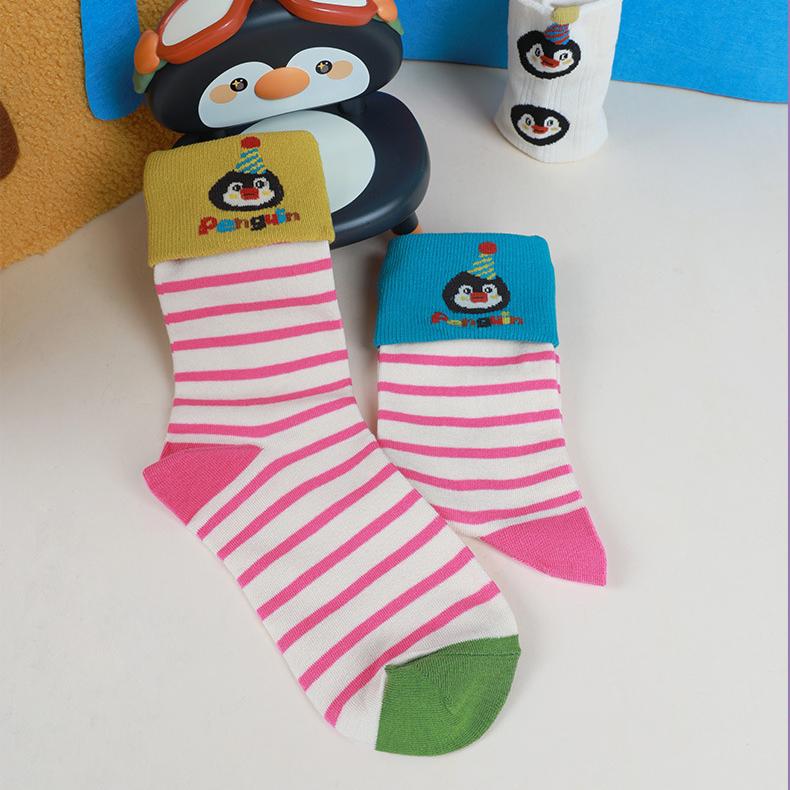Penguin Kingdom – Spring & Fall New Striped Home Cute Cartoon Cotton Mid-Calf Socks (Unisex,4 Pairs, Size 35-42)