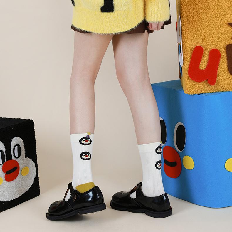 Penguin Kingdom – Spring & Fall New Striped Home Cute Cartoon Cotton Mid-Calf Socks (Unisex,4 Pairs, Size 35-42)