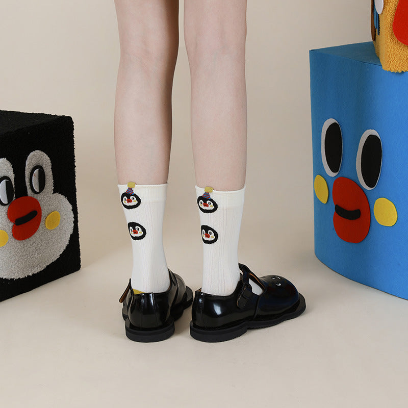 Penguin Kingdom – Spring & Fall New Striped Home Cute Cartoon Cotton Mid-Calf Socks (Unisex,4 Pairs, Size 35-42)