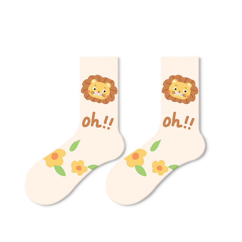 Cotton Socks Women Spring Middle Tube Socks Cute Cartoon Spring And Autumn Ladies Long Socks 5 Pairs( Size 35-42)