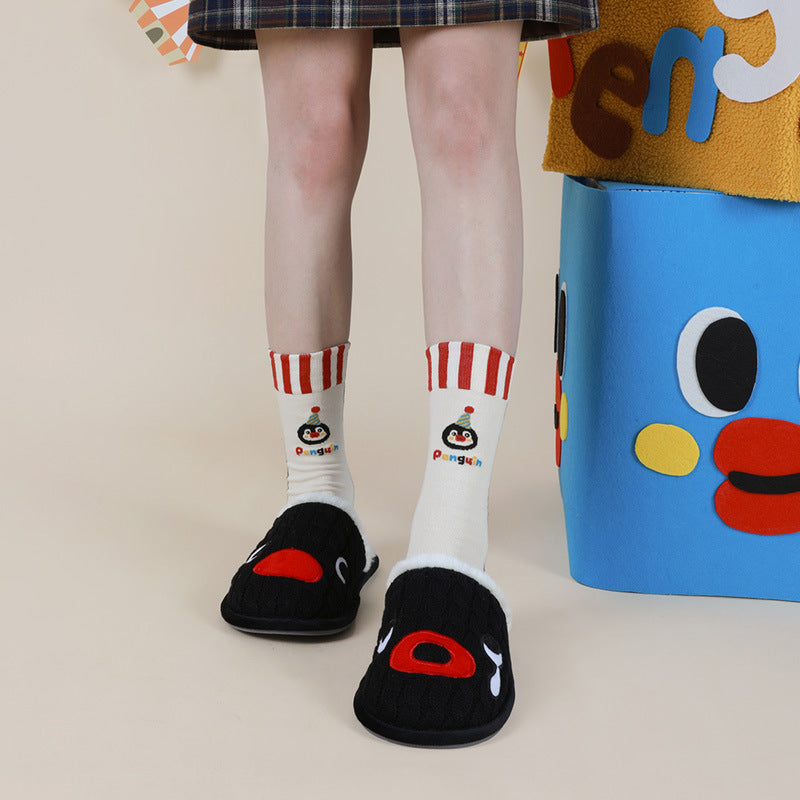 Penguin Kingdom – Spring & Fall New Striped Home Cute Cartoon Cotton Mid-Calf Socks (Unisex,4 Pairs, Size 35-42)