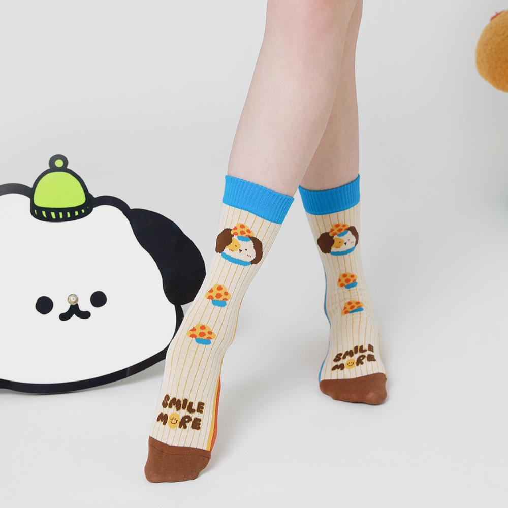 Puppy Diary - Spring & Summer New Cartoon Illustration Vintage Checkered Star Mid-Calf Socks (Cotton, Women's, 5 Pairs, Size 35-42)