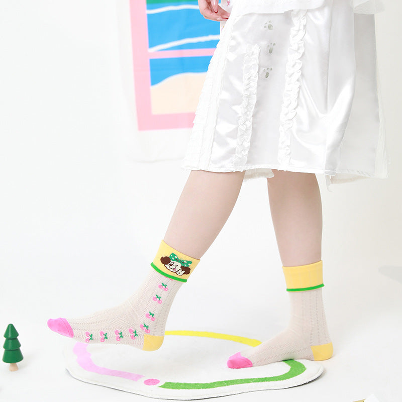 Greedy Dog - Cute Cartoon Women's Socks - Thin Glass Silk Stockings, Fashionable Breathable Mesh Mid-Crew Socks - Kawaii Illustration Design